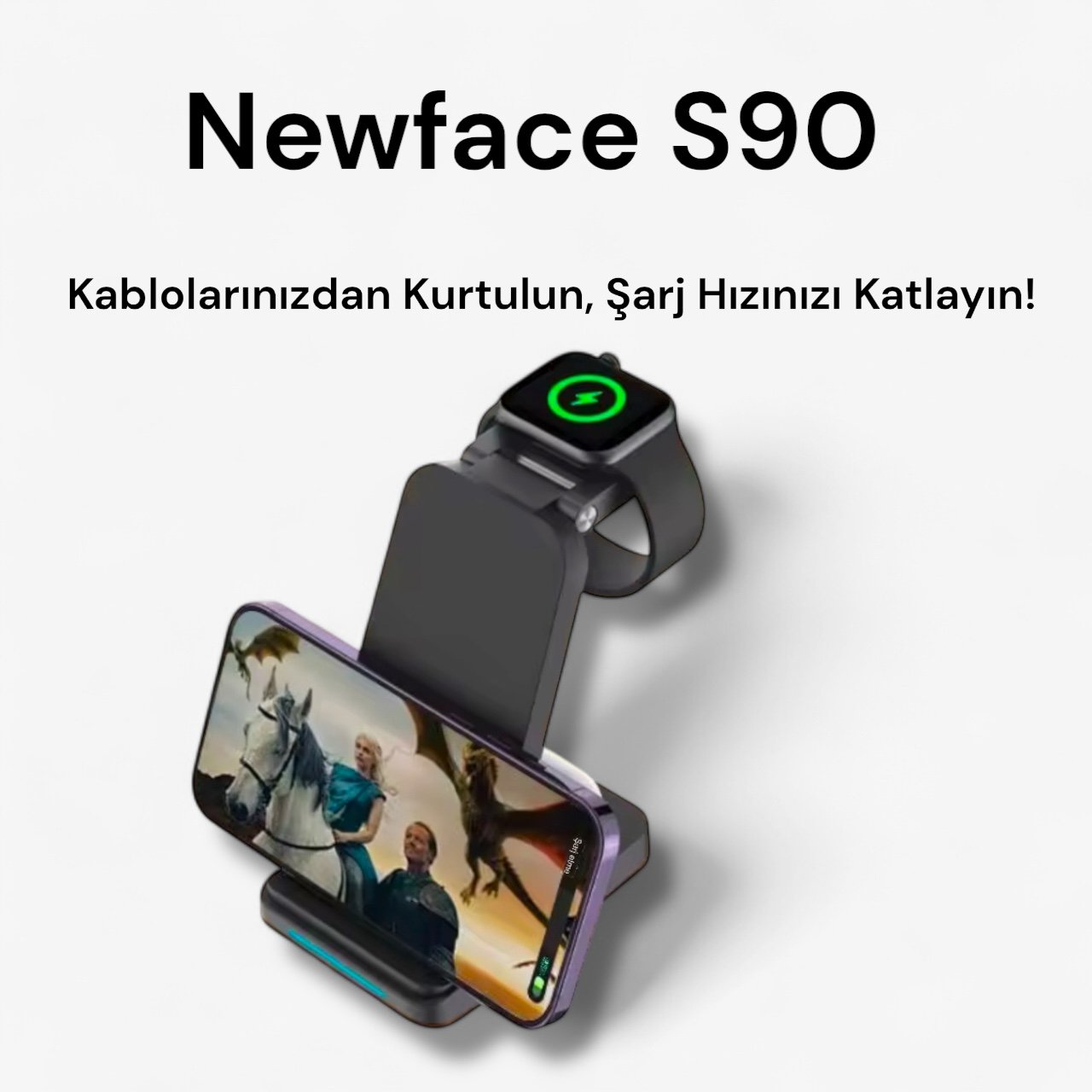 ewface S90 4’ü 1 arada kablosuz şarj masası seti, siyah renkli kompakt ve modern tasarım.