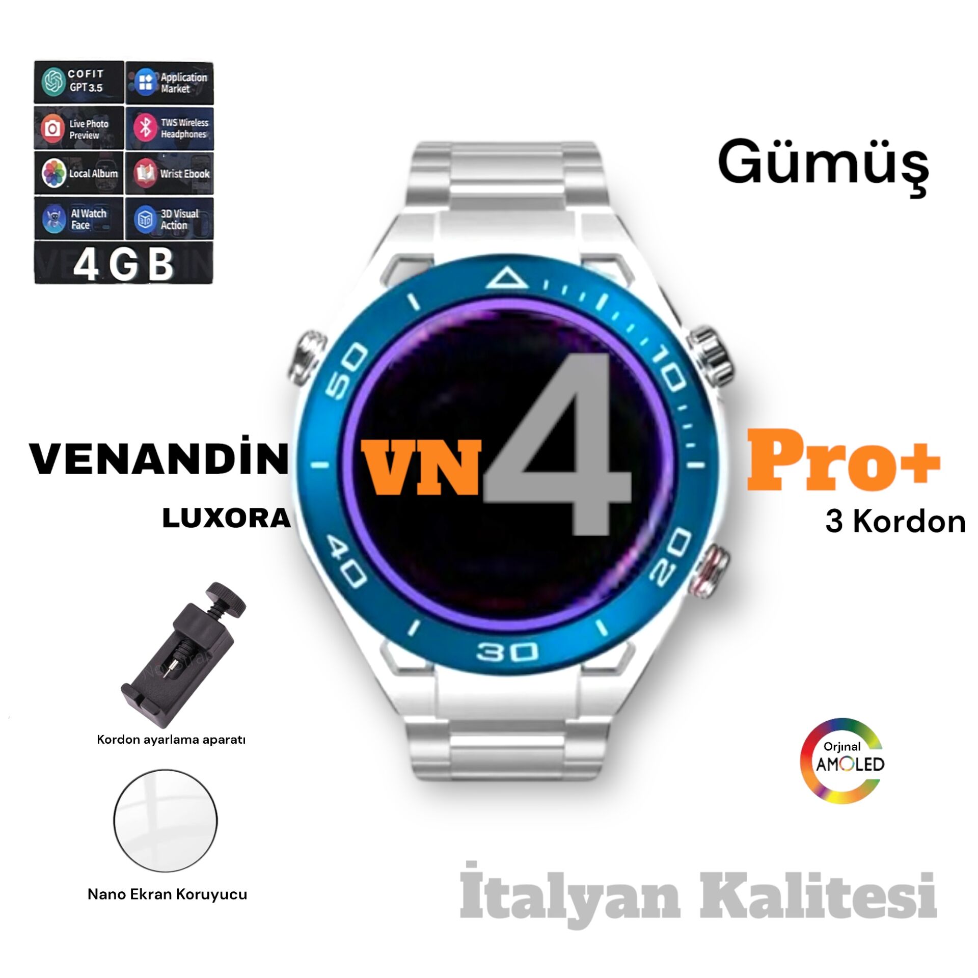 Venandın VN4 Pro+ AMOLED Ekran, ChatGPT Destekli 4GB Hafıza 1.43İnç Akıllı Saat