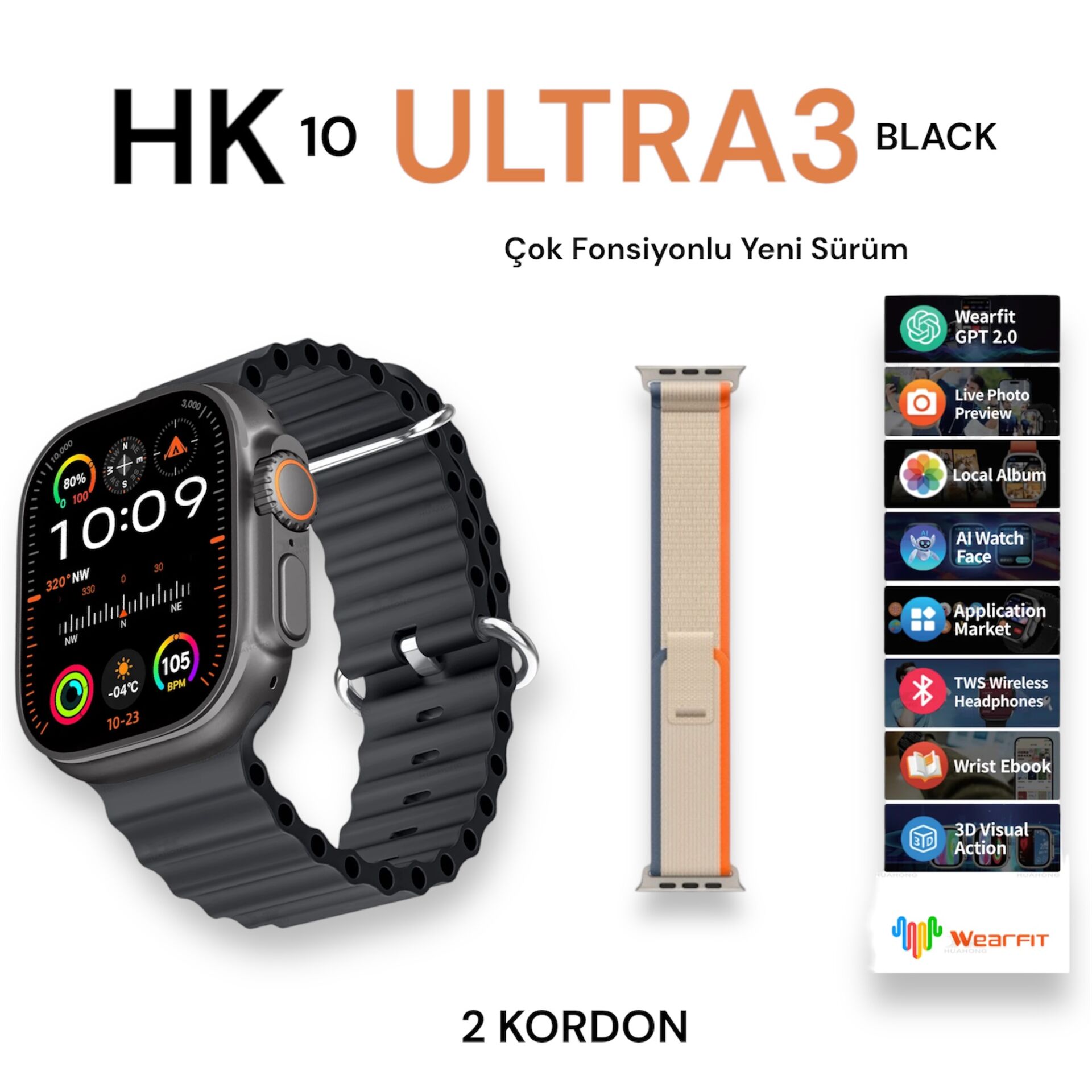 Bubitechh Hk10 Ultra 3 49M Akıllı Saat  2 kordon Siyah