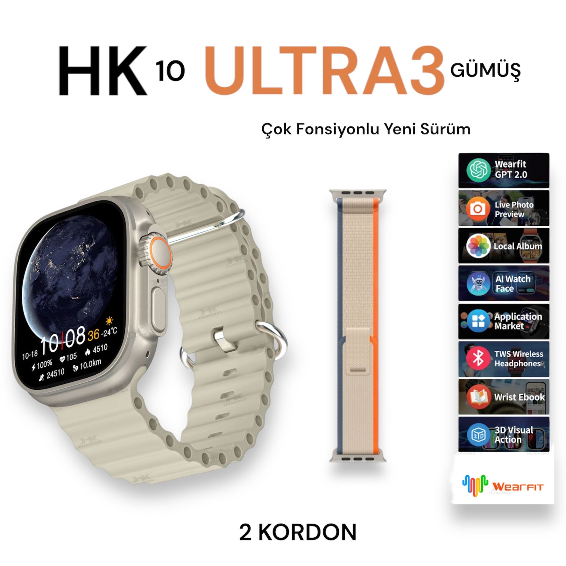 Bubitechh Hk10 Ultra 3 49M Akıllı Saat 2 Kordon Gümüş