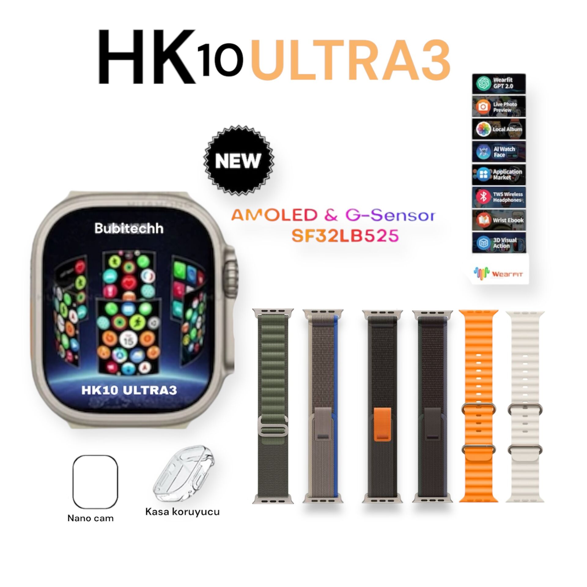 Bubitechh Hk10 Ultra 3 49M Akıllı Saat 6 Kordon